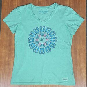 Life is Good Flip Flop Sunburst Green V-neck Short Sleeve Crusher Tee - S